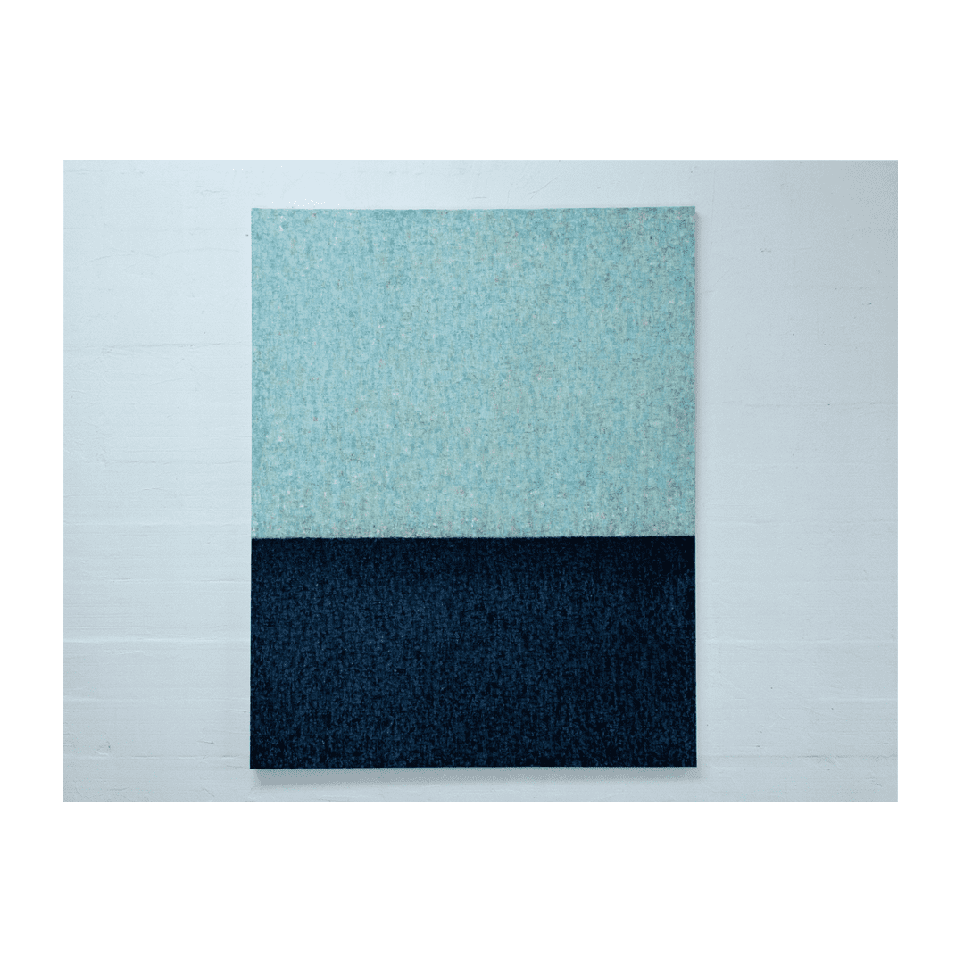 Minimalist abstract painting by Maria Paola Coda featuring a composition of light blue and dark blue rectangles.