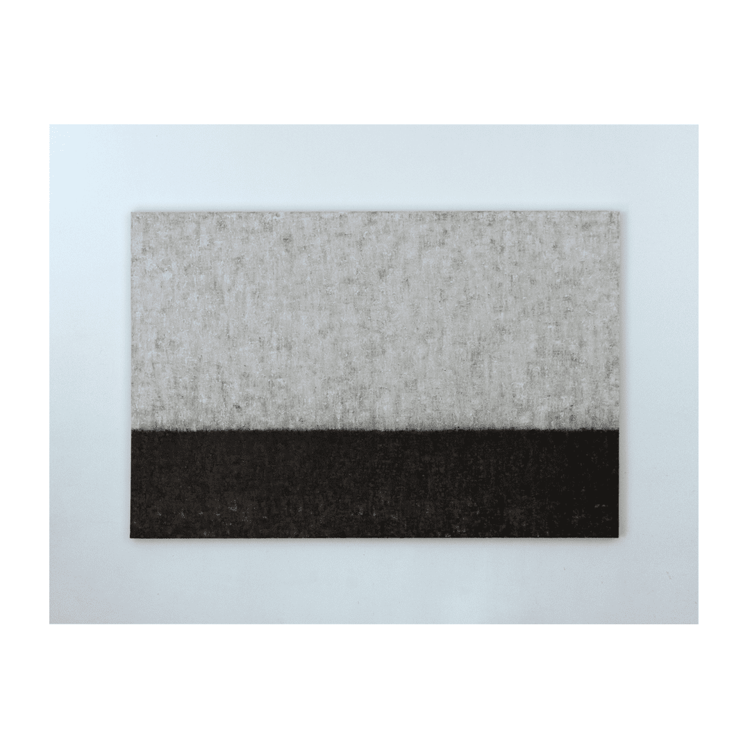 Abstract painting by Maria Paola Coda featuring a strong contrast between a textured white background and a dark lower band.