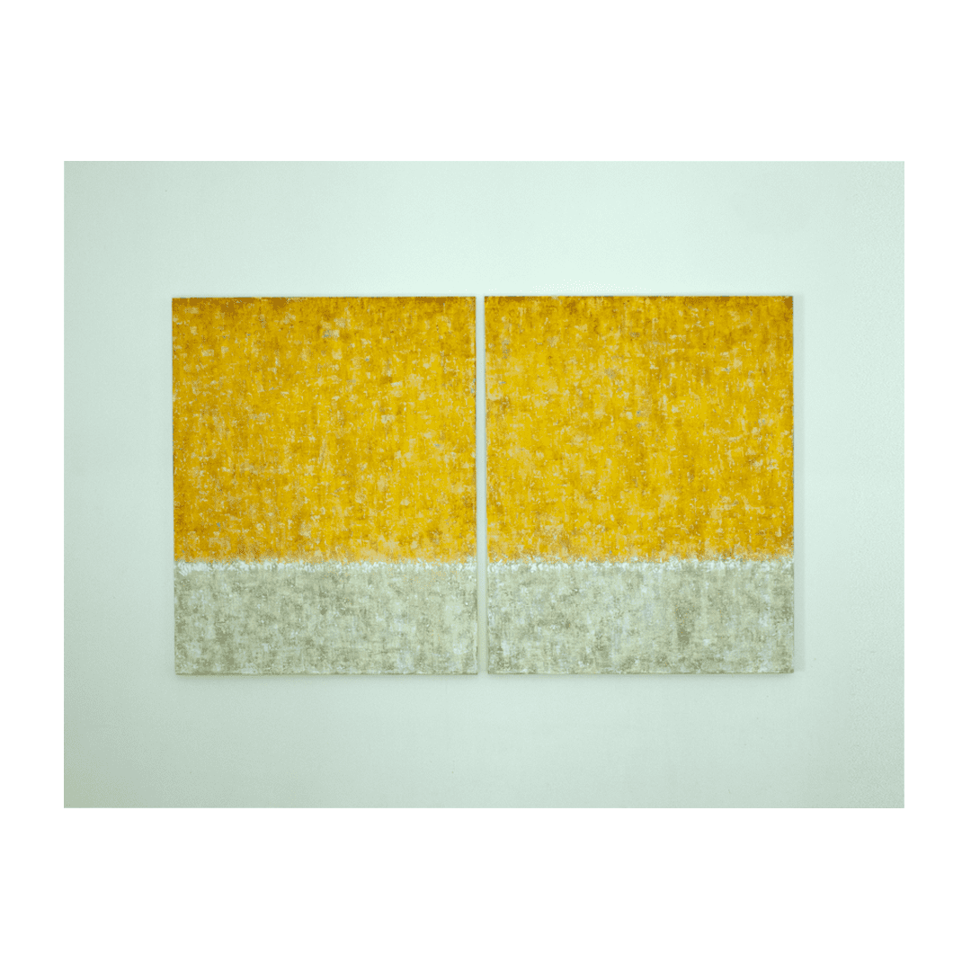 Minimalist diptych painting by Maria Paola Coda featuring two panels with a vibrant yellow upper section and a textured white lower section.