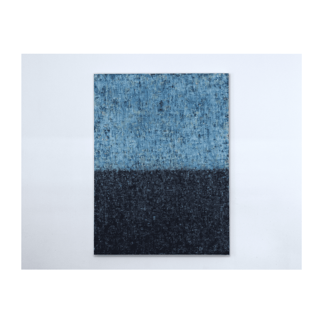 Minimalist abstract painting by Maria Paola Coda featuring a textured composition of light blue and dark blue tones.