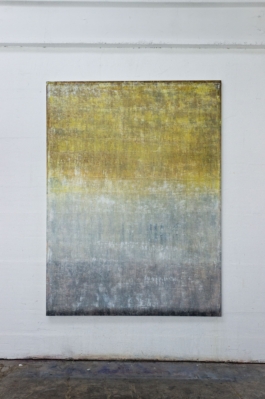 Abstract contemporary painting titled “1949” by Maria Paola Coda, featuring a gradient of golden, grey, and silvery tones with subtle texture. 