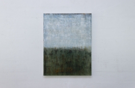 Contemporary abstract painting titled “3253” by Maria Paola Coda, featuring a transition from deep green tones to light blues with subtle, atmospheric texture. 