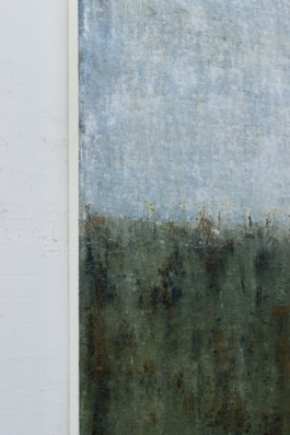 Contemporary abstract painting titled “3253” by Maria Paola Coda, featuring a transition from deep green tones to light blues with subtle, atmospheric texture. 
