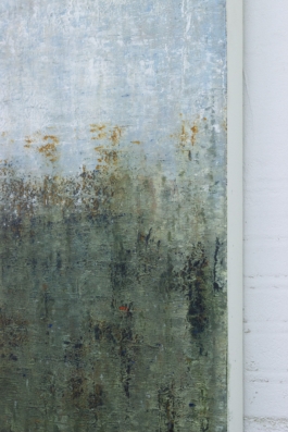 Contemporary abstract painting titled “3253” by Maria Paola Coda, featuring a transition from deep green tones to light blues with subtle, atmospheric texture. 