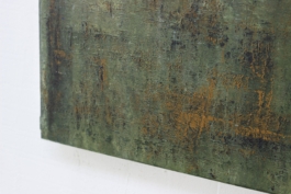 Contemporary abstract painting titled “3253” by Maria Paola Coda, featuring a transition from deep green tones to light blues with subtle, atmospheric texture. 
