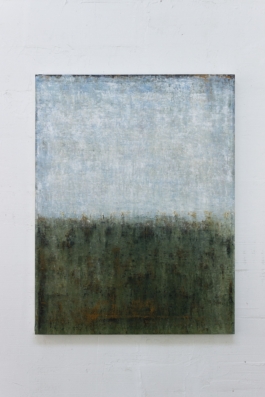 Contemporary abstract painting titled “3253” by Maria Paola Coda, featuring a transition from deep green tones to light blues with subtle, atmospheric texture. 