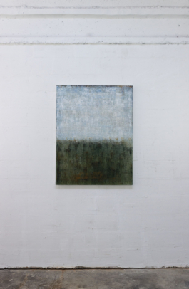 Contemporary abstract painting titled “3253” by Maria Paola Coda, featuring a transition from deep green tones to light blues with subtle, atmospheric texture. 