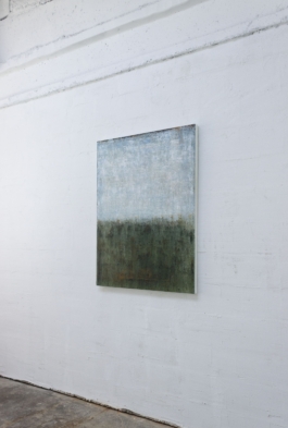 Contemporary abstract painting titled “3253” by Maria Paola Coda, featuring a transition from deep green tones to light blues with subtle, atmospheric texture. 