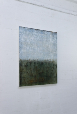 Contemporary abstract painting titled “3253” by Maria Paola Coda, featuring a transition from deep green tones to light blues with subtle, atmospheric texture. 