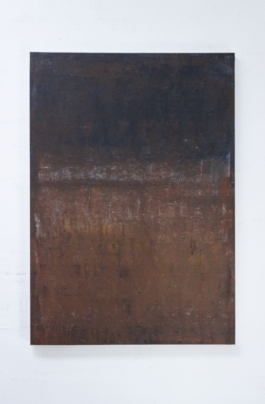 Contemporary abstract painting “2087” by Maria Paola Coda, composition in dark and earthy tones with atmospheric depth. 