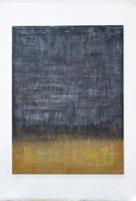 Contemporary abstract painting in bluish blacks, ochres and yellows with soft blue shades, artwork by Maria Paola Coda titled 4177. 