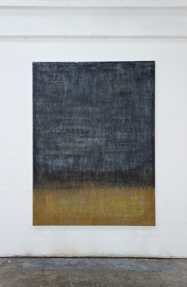 Contemporary abstract painting in bluish blacks, ochres and yellows with soft blue shades, artwork by Maria Paola Coda titled 4177. 