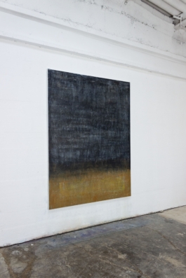 Contemporary abstract painting in bluish blacks, ochres and yellows with soft blue shades, artwork by Maria Paola Coda titled 4177. 