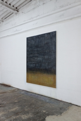 Contemporary abstract painting in bluish blacks, ochres and yellows with soft blue shades, artwork by Maria Paola Coda titled 4177. 