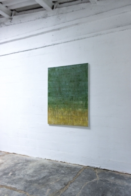 Abstract painting in green, blue, and golden tones by artist Maria Paola Coda, titled 4787.
