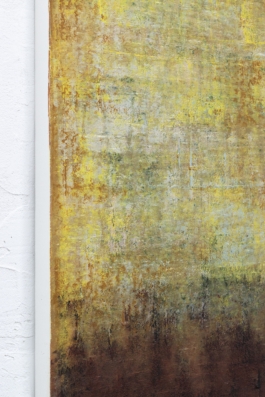 Abstract painting by Maria Paola Coda titled 4937, featuring a transition from yellow, green, and pink hues at the top to deep reds, browns, and blacks at the bottom.