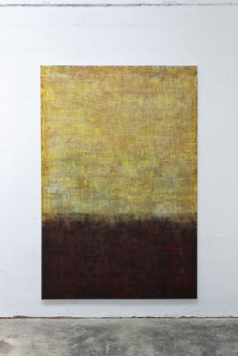 Pintura abstracta de Maria Paola Coda titulada 4937, con una transición de tonos amarillos, verdes y rosados en la parte superior hacia rojos, marrones y negros en la parte inferior.