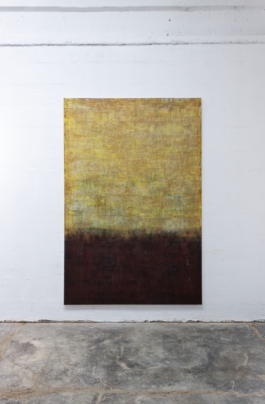 Abstract painting by Maria Paola Coda titled 4937, featuring a transition from yellow, green, and pink hues at the top to deep reds, browns, and blacks at the bottom.