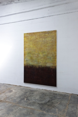 Pintura abstracta de Maria Paola Coda titulada 4937, con una transición de tonos amarillos, verdes y rosados en la parte superior hacia rojos, marrones y negros en la parte inferior.