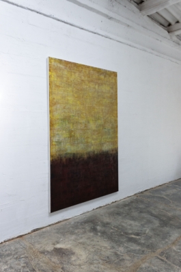 Pintura abstracta de Maria Paola Coda titulada 4937, con una transición de tonos amarillos, verdes y rosados en la parte superior hacia rojos, marrones y negros en la parte inferior.