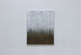 Contemporary abstract painting by Maria Paola Coda, featuring white and grey tones in the upper area and dark greens, blacks, and browns in the lower section. 