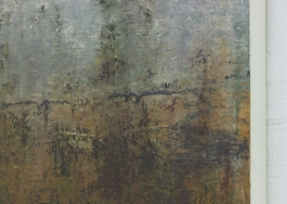 Contemporary abstract painting by Maria Paola Coda, featuring white and grey tones in the upper area and dark greens, blacks, and browns in the lower section. 
