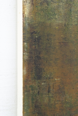 Contemporary abstract painting by Maria Paola Coda, featuring white and grey tones in the upper area and dark greens, blacks, and browns in the lower section. 